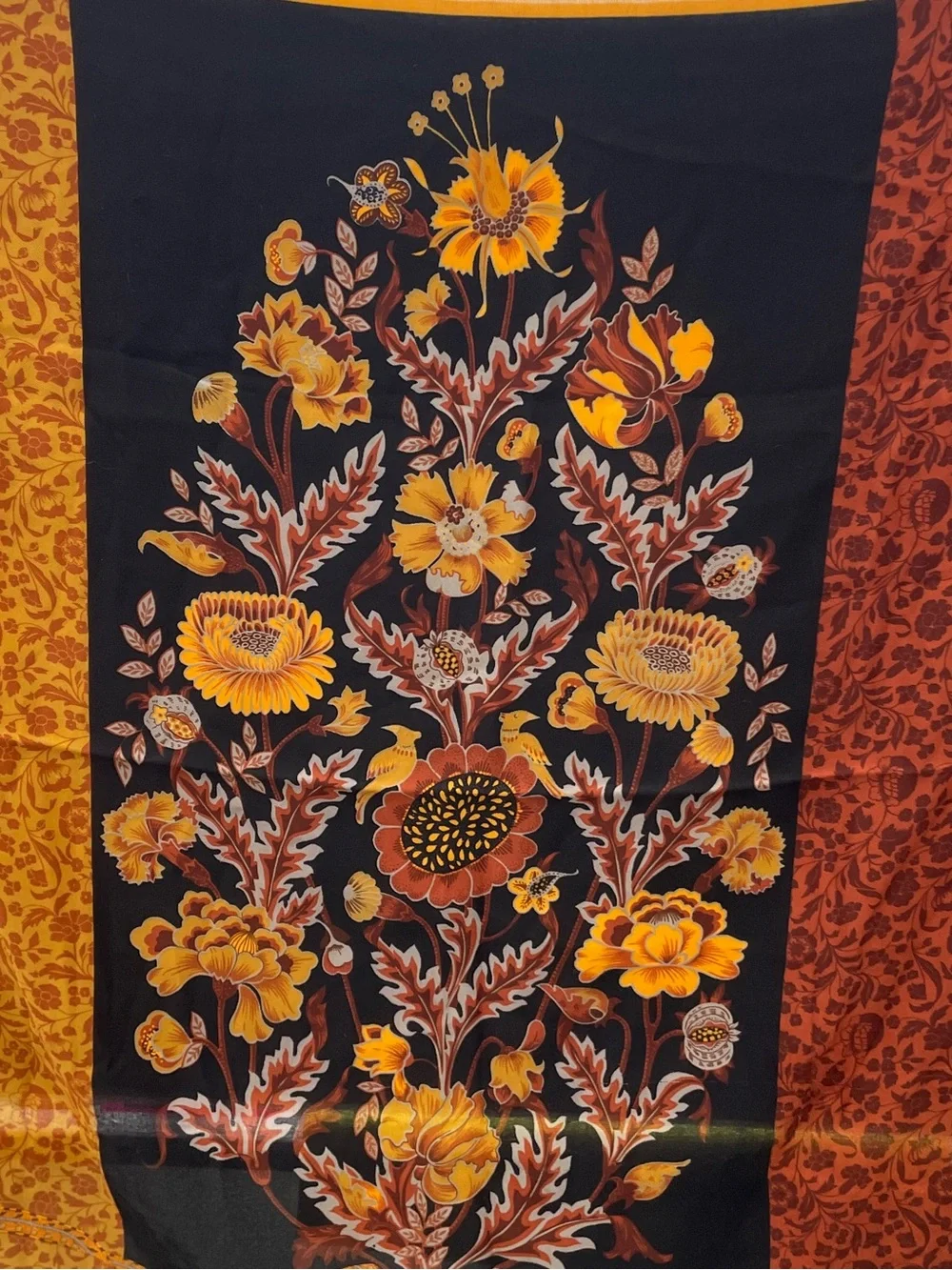 Boho Floral Scarf in Black, Burnt Orange & Rust, earth tone, terra cotta